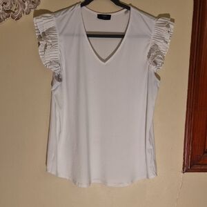 Tahari White Ruffle Sleeve V-Neck Blouse